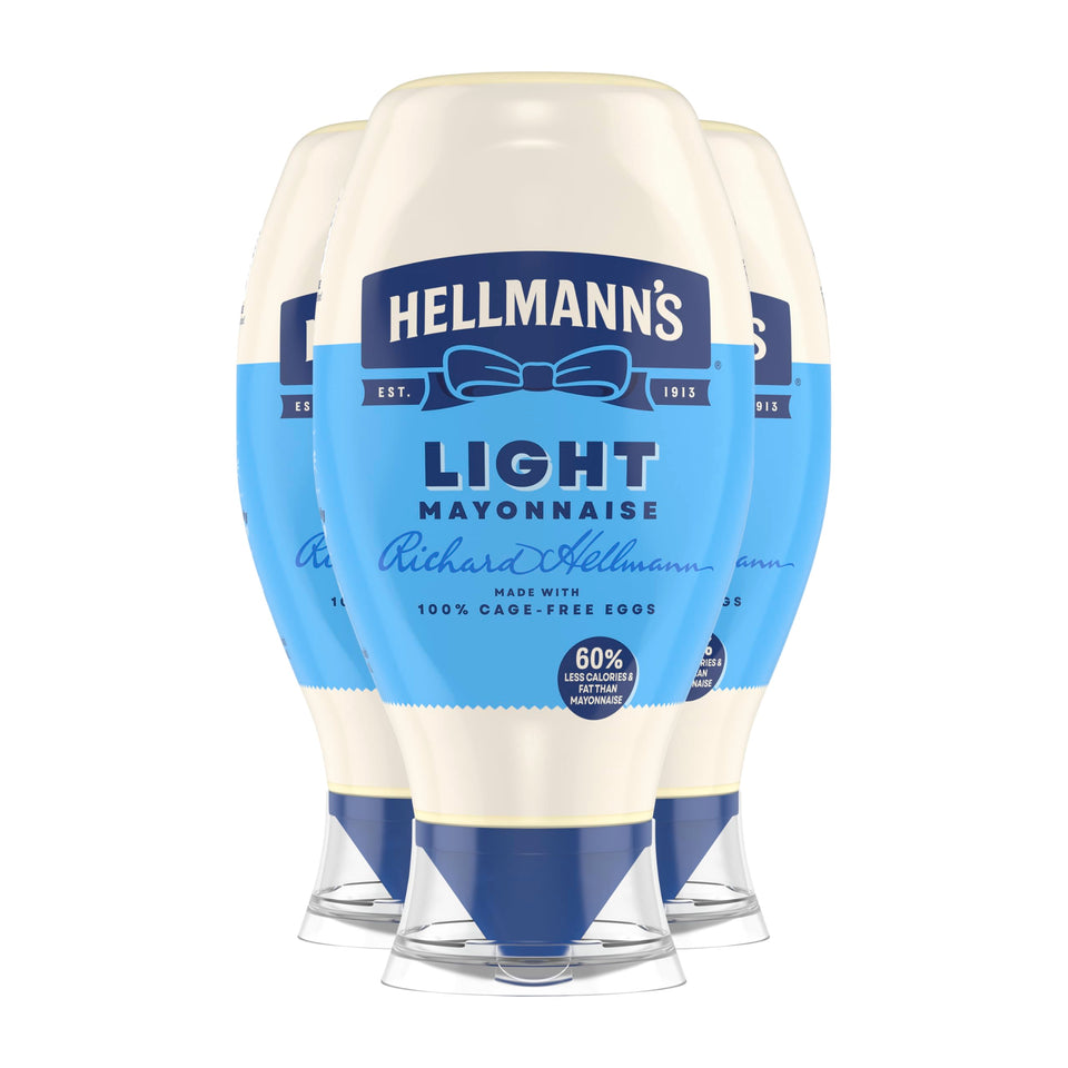 Hellmann's Light Mayonnaise squeeze bottle front view for easy sandwich spreading.