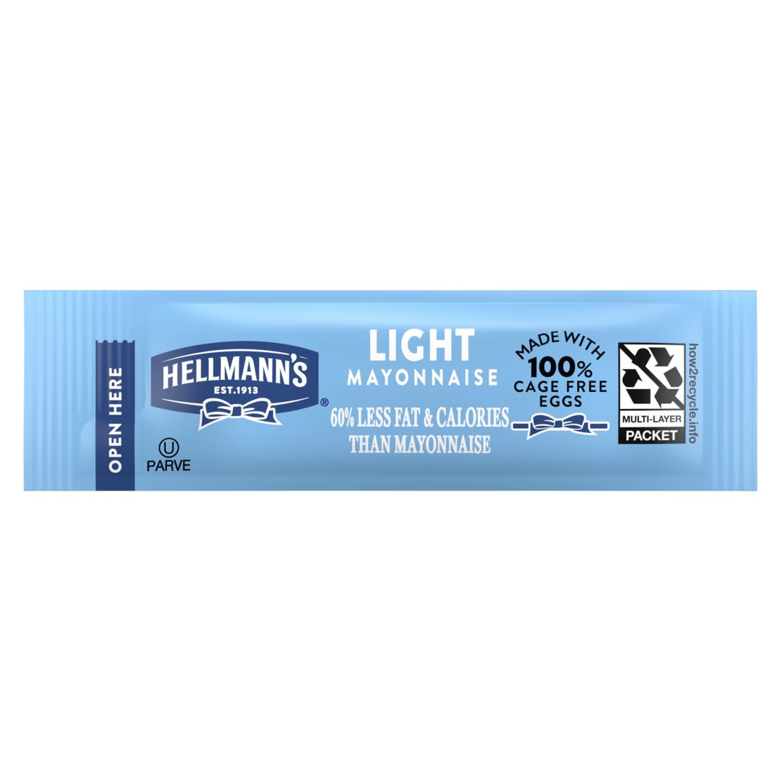 Hellmann's Light Mayonnaise stick packets with easy-open design for mess-free serving.