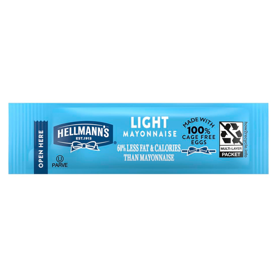 Hellmann's Light Mayonnaise stick packets with easy-open design for mess-free serving.