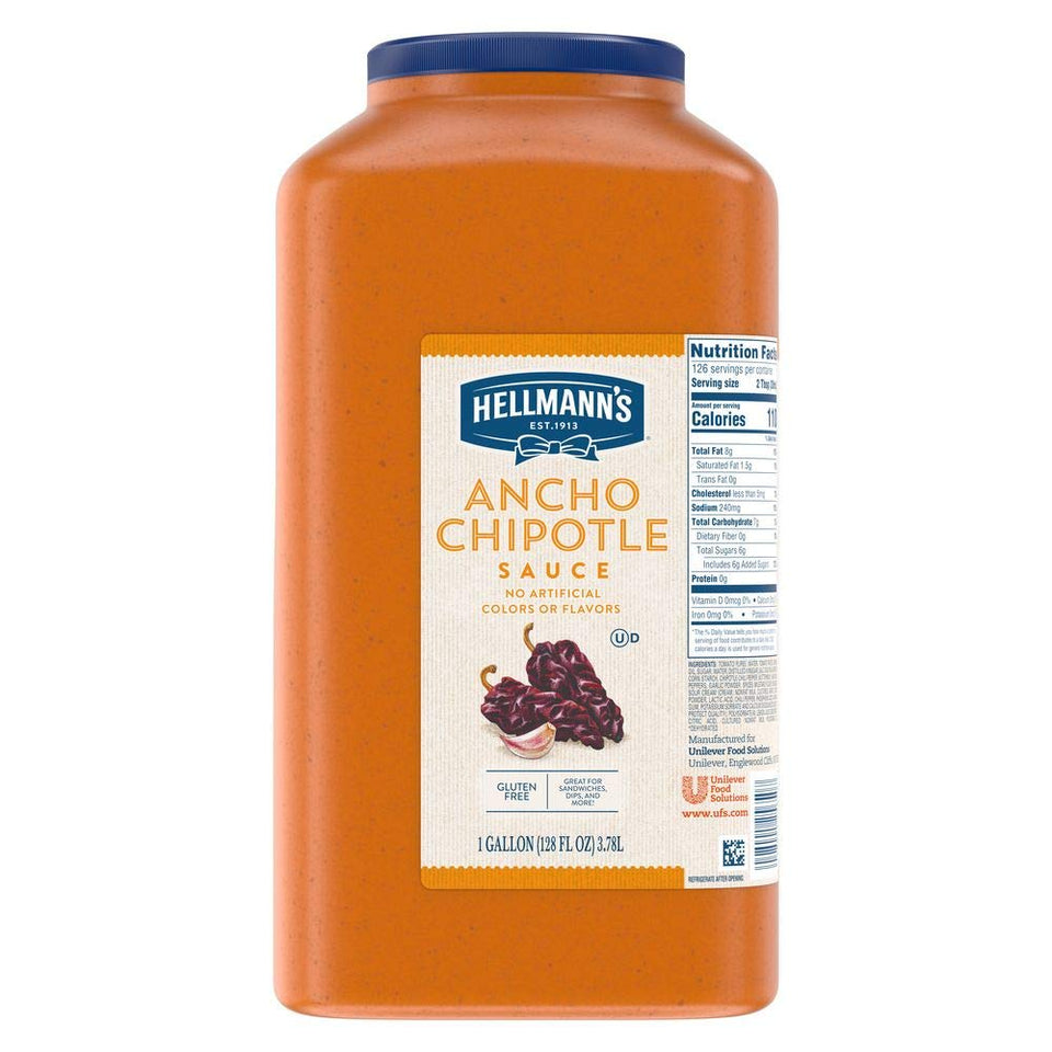 Hellmann's Real Ancho Chipotle Sauce jug being poured, showcasing smoky flavor for sandwiches.