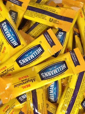 Hellmann's Real Mayonnaise 50-pack display, convenient for foodservice use.