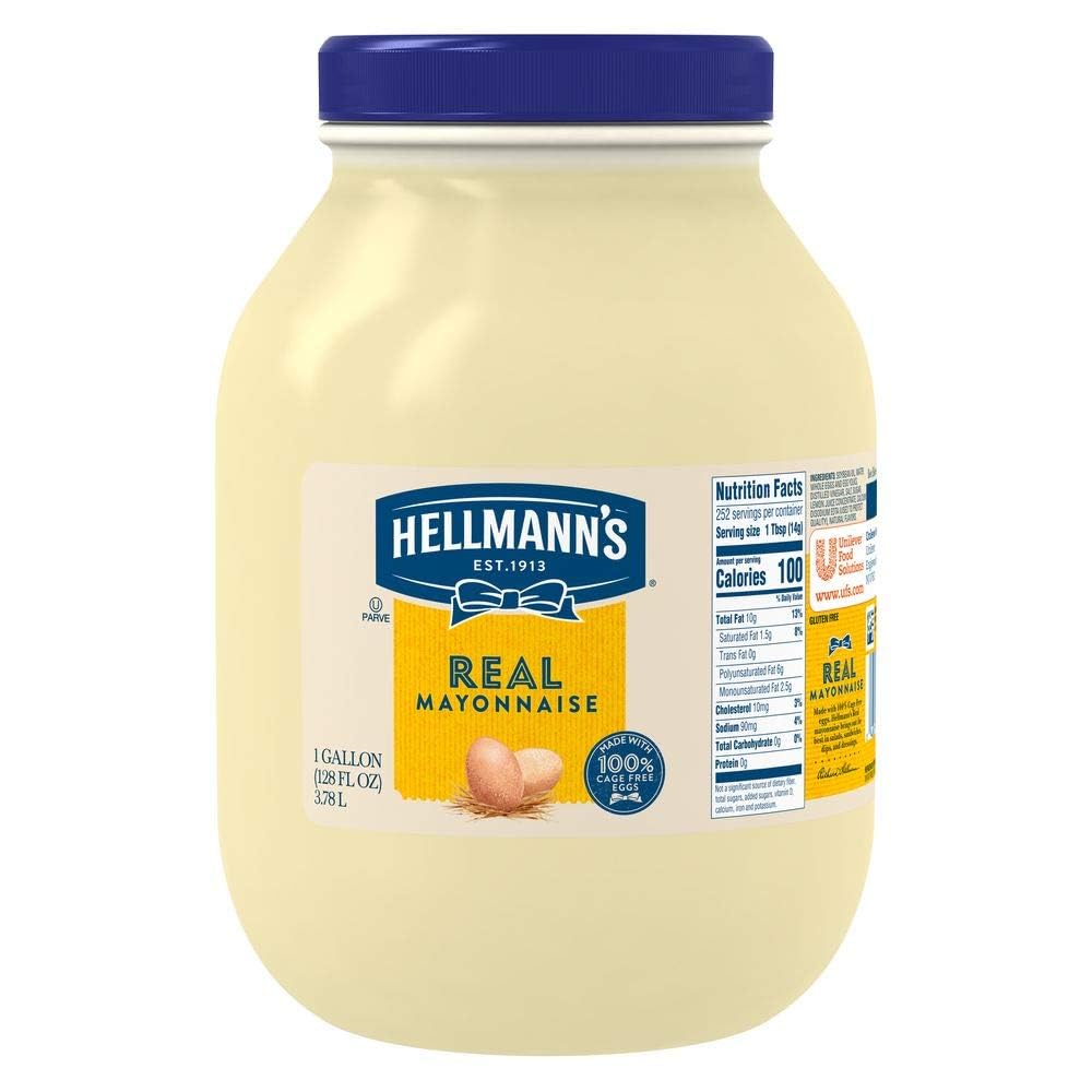 Hellmann's Real Mayonnaise jar shows creamy texture ideal for sandwiches and salads.