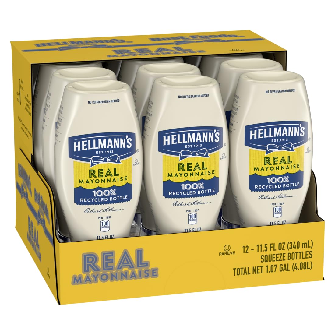 Hellmann's Real Mayonnaise squeeze bottle front view showcases easy dispensing for sandwiches.