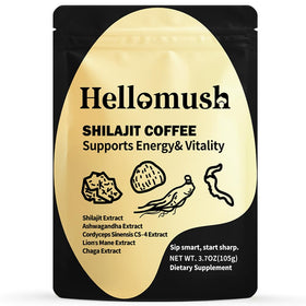 Hellomush Organic Shilajit Coffee packaging shows a premium Himalayan blend for daily rituals.