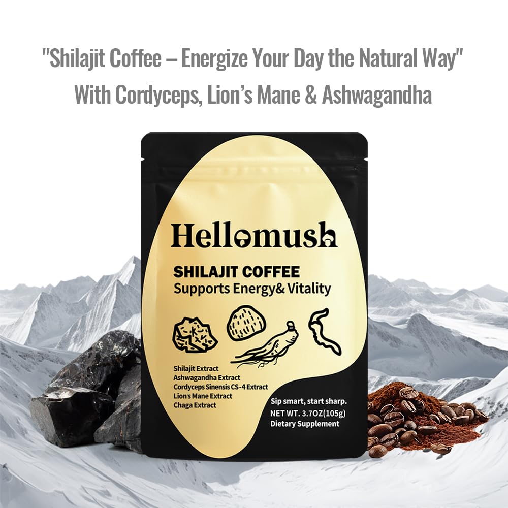 Hot Hellomush Shilajit Coffee cup steaming, ideal for focus and energy.