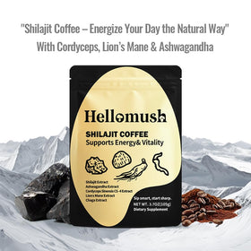 Hot Hellomush Shilajit Coffee cup steaming, ideal for focus and energy.