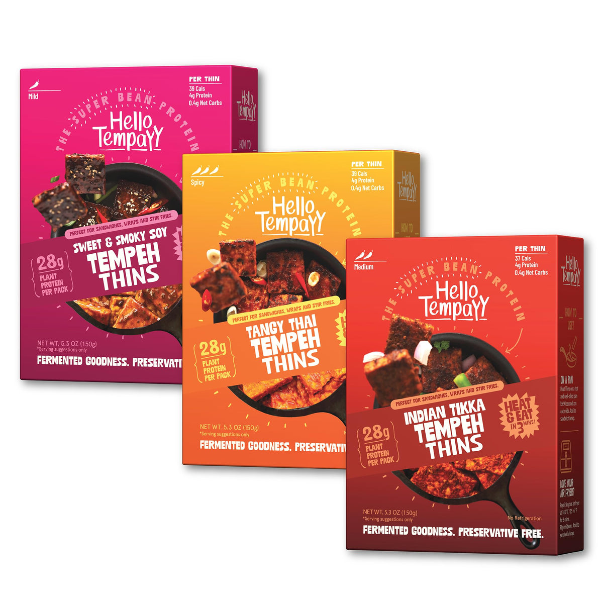 Hello Tempayy Tempeh All-Thins front-pack ready-to-cook, protein-rich vegan option.