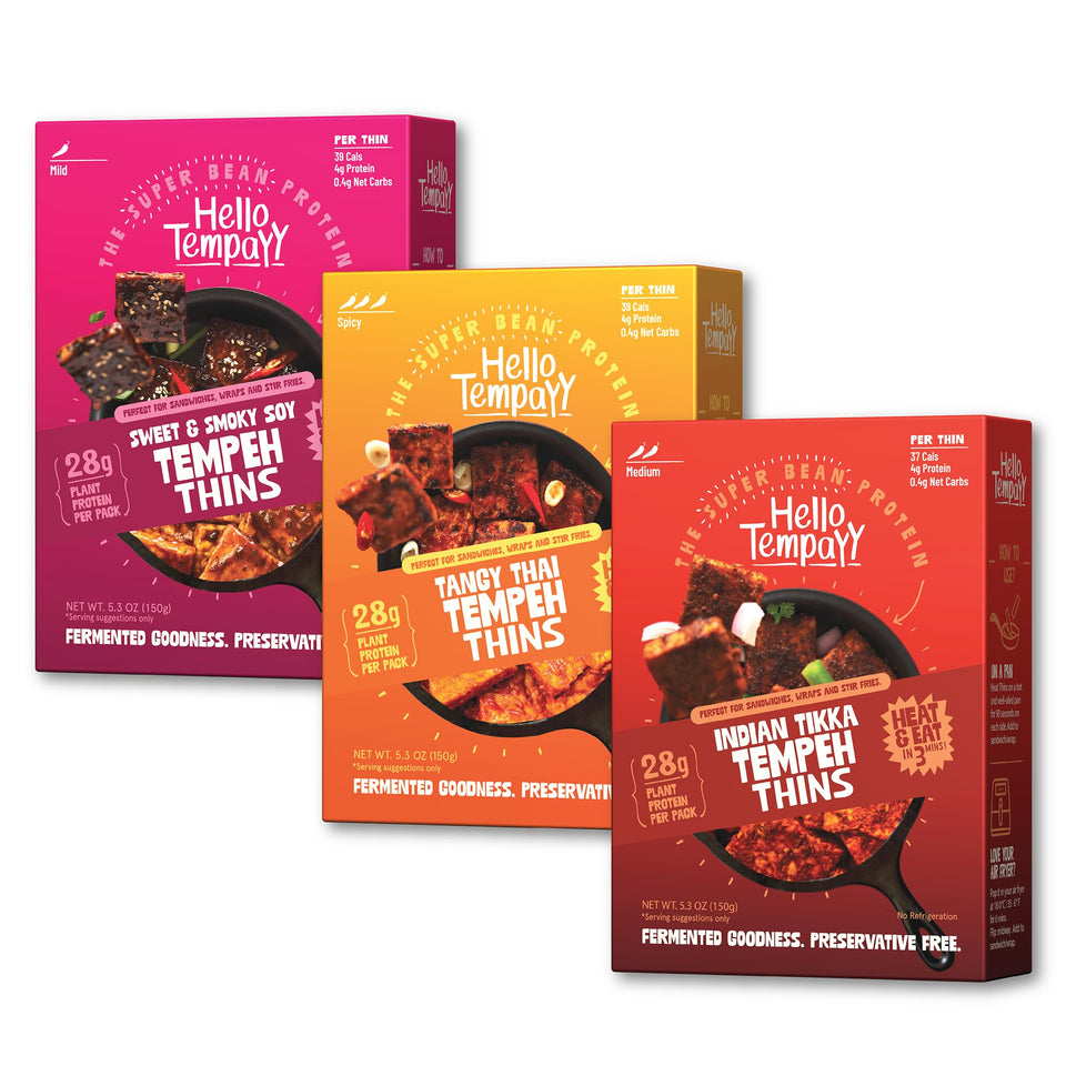 Hello Tempayy Tempeh All-Thins front-pack ready-to-cook, protein-rich vegan option.
