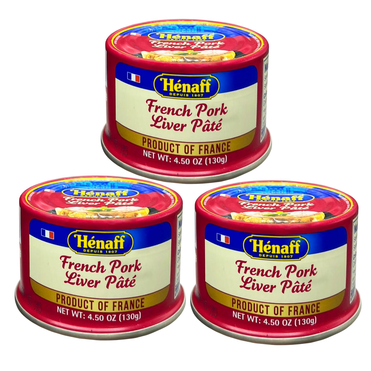 Hénaff pork liver pâté sliced on baguette, ideal for a savory snack.