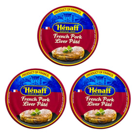 Hénaff pork liver pâté tin pack-3 on board, ready for elegant appetizers.