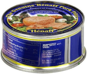 Henaff Pork Pâté can open close-up, showing a smooth spreadable texture.