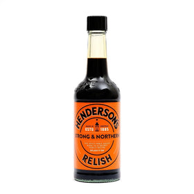 Hendersons Yorkshire Relish jar closeup highlighting rich, versatile flavor for burgers and sandwiches