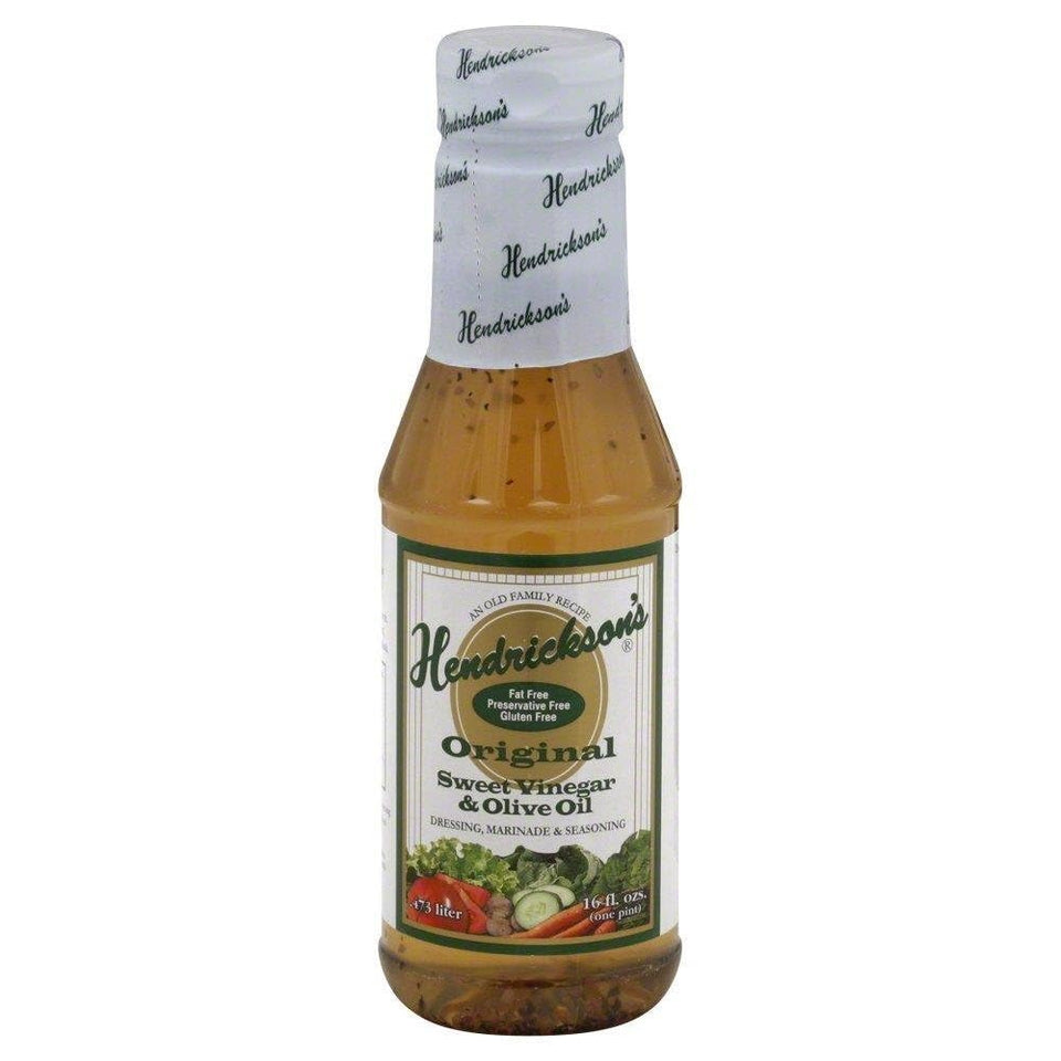 Hendrickson's sweet vinegar olive oil dressing bottle ready to pour for vibrant salads.