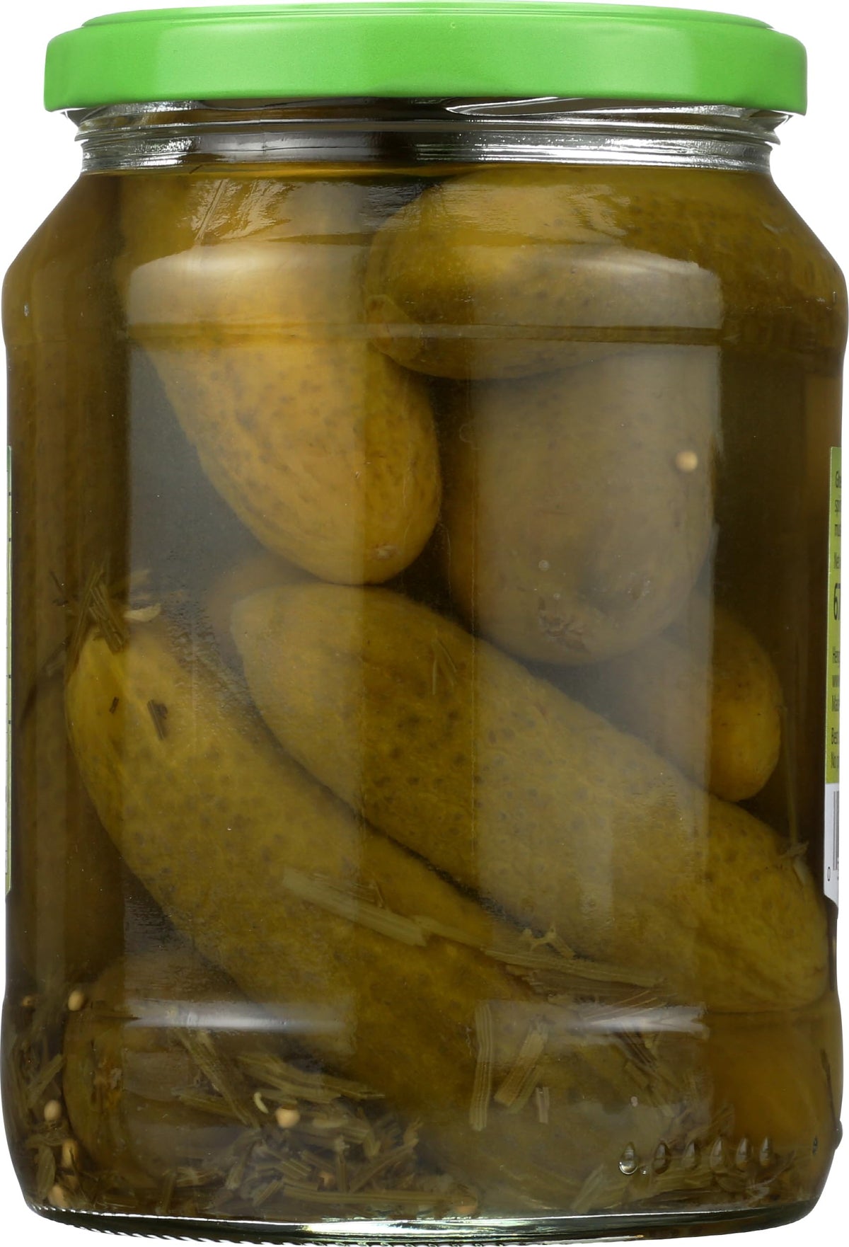 Hengstenberg Crunchy Pickles Jar ingredients closeup showing dill and mustard seeds