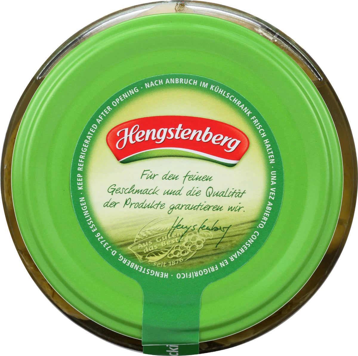Hengstenberg Crunchy Pickles Jar packaging features premium German quality