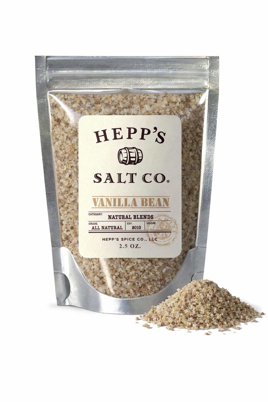 HEPP’S Vanilla Bean Sea Salt jar with real vanilla beans for gourmet finishing.