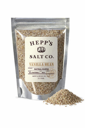 HEPP’S Vanilla Bean Sea Salt jar with real vanilla beans for gourmet finishing.