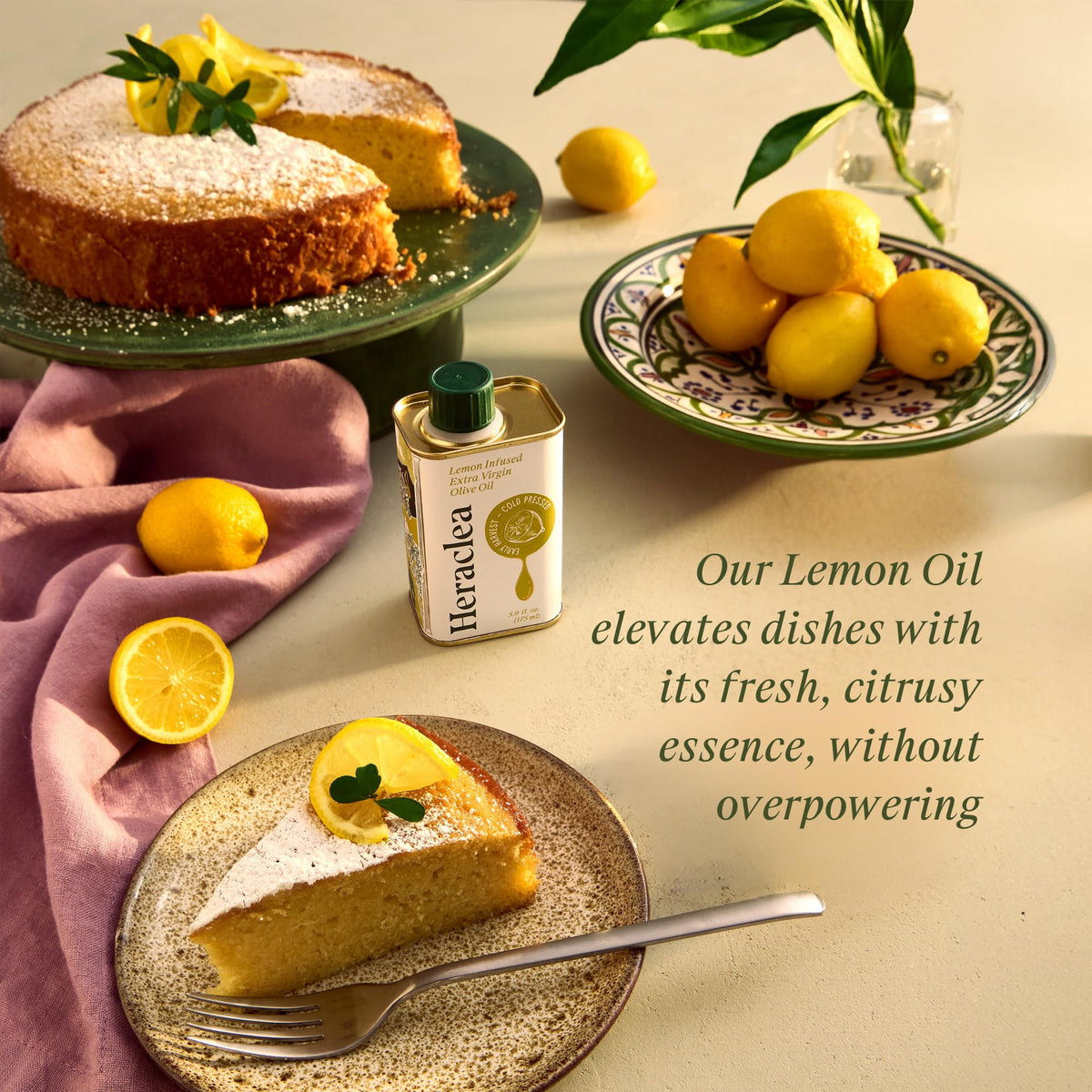 Heraclea Lemon Infused Olive Oil finish on a dish for citrus lift