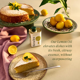 Heraclea Lemon Infused Olive Oil finish on a dish for citrus lift
