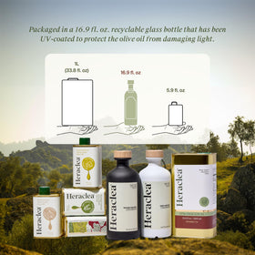Heraclea Mature Harvest EVOO pour detail, perfect for drizzling over dishes.