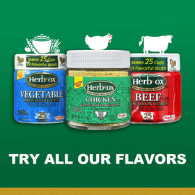HERB-OX broth-ready granules enhance meats, vegetables, rice, and potatoes with savory depth.
