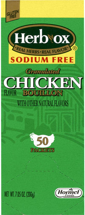 Herb-Ox sodium free bouillon chicken packaging provides versatile flavor for meals.