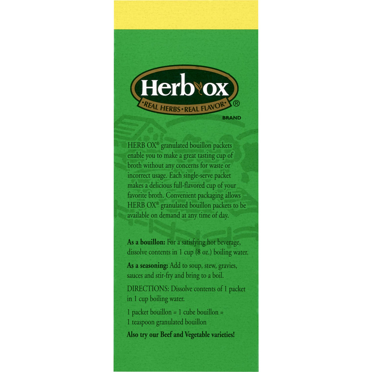 Herb-Ox chicken bouillon packet closeup illustrates quick enhancement.