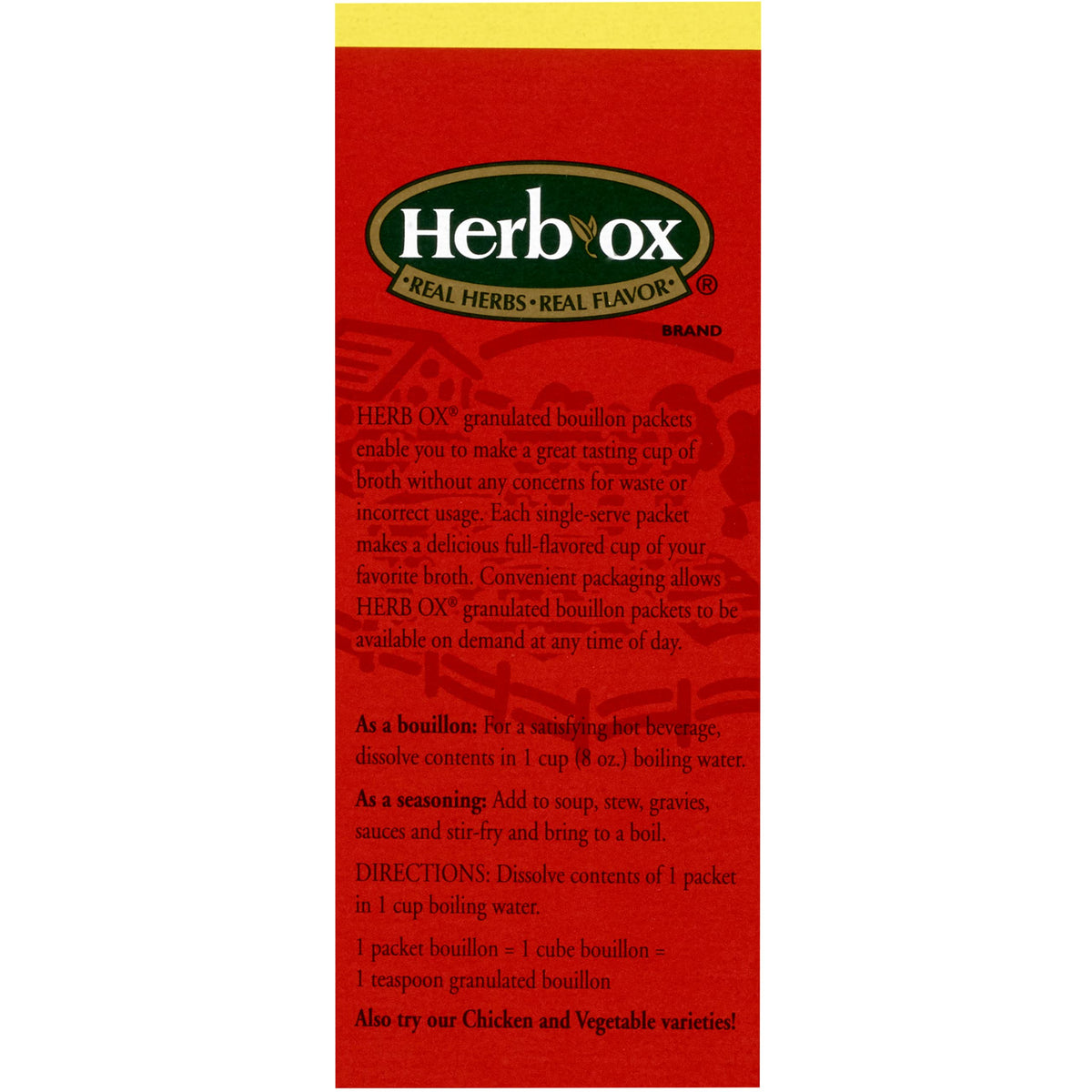 Herb-Ox sodium free bouillon dish-finish reveals inviting, flavorful meals.