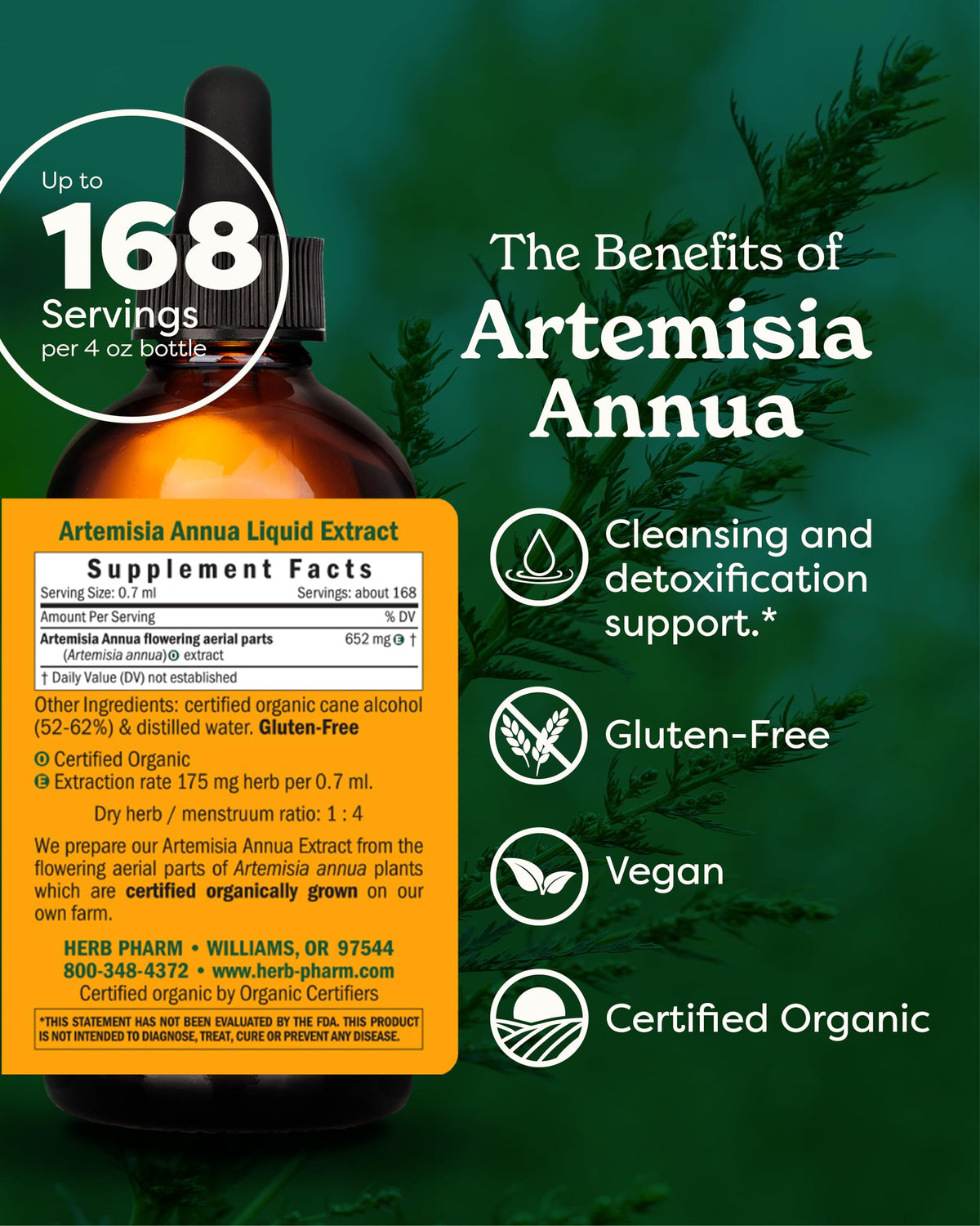 Herb Pharm Artemisia Annua label closeup emphasizes organic sourcing and premium quality.
