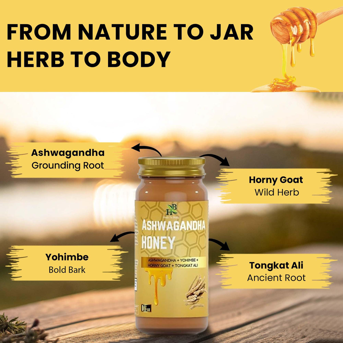 Herb To Body honey label—organic ingredients and wildcrafted heritage.