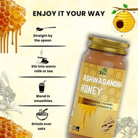 Pouring Herb To Body Ashwagandha Honey adds calm focus to tea.