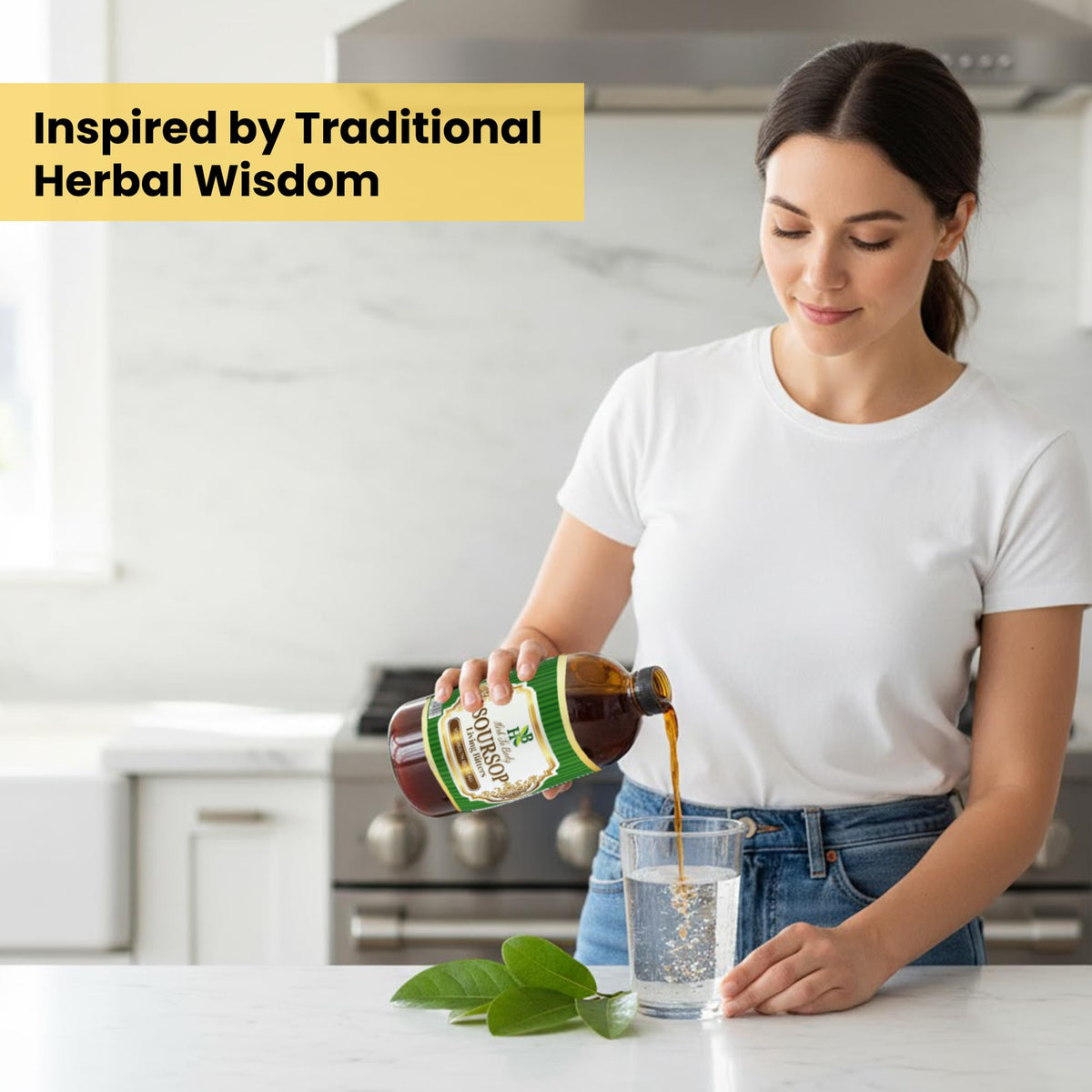 Herb To Body Soursop Bitter Liquid on kitchen counter in lifestyle shot.