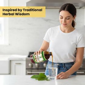 Herb To Body Soursop Bitter Liquid on kitchen counter in lifestyle shot.