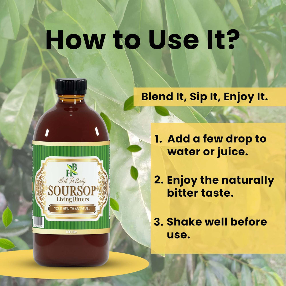 Herb To Body Soursop Bitter Liquid being poured into glass for easy dilution.