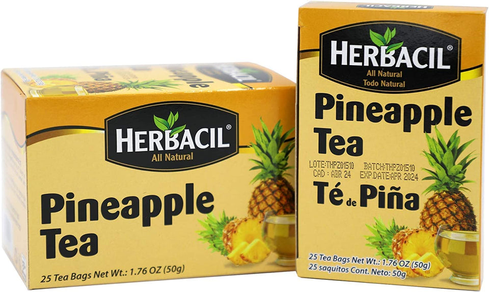 Herbacil Pineapple Tea bag close-up with dehydrated pineapple for refreshing flavor.