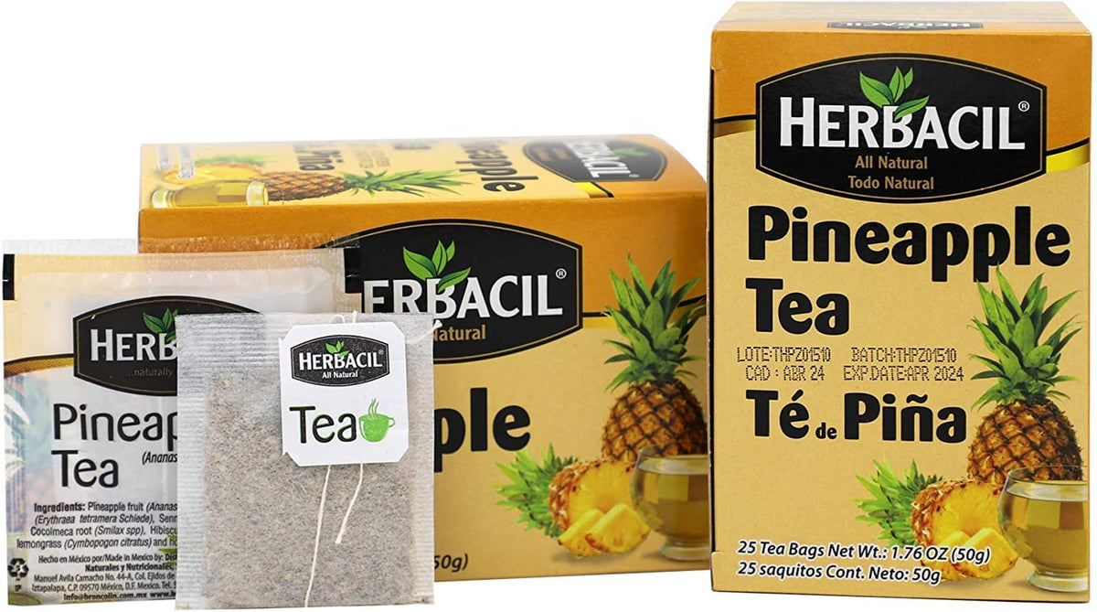 Herbacil Pineapple Tea pack on shelf highlighting all-natural, caffeine-free blend.