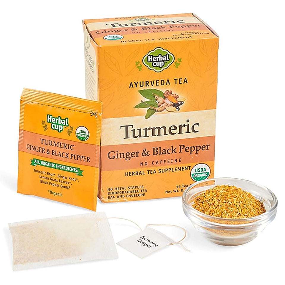Herbal Cup Ayurveda turmeric tea bag close-up with rich aroma for a soothing ritual.