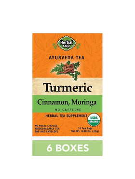Herbal Cup Ayurveda turmeric tea bags in a box, a caffeine-free ritual for evenings.