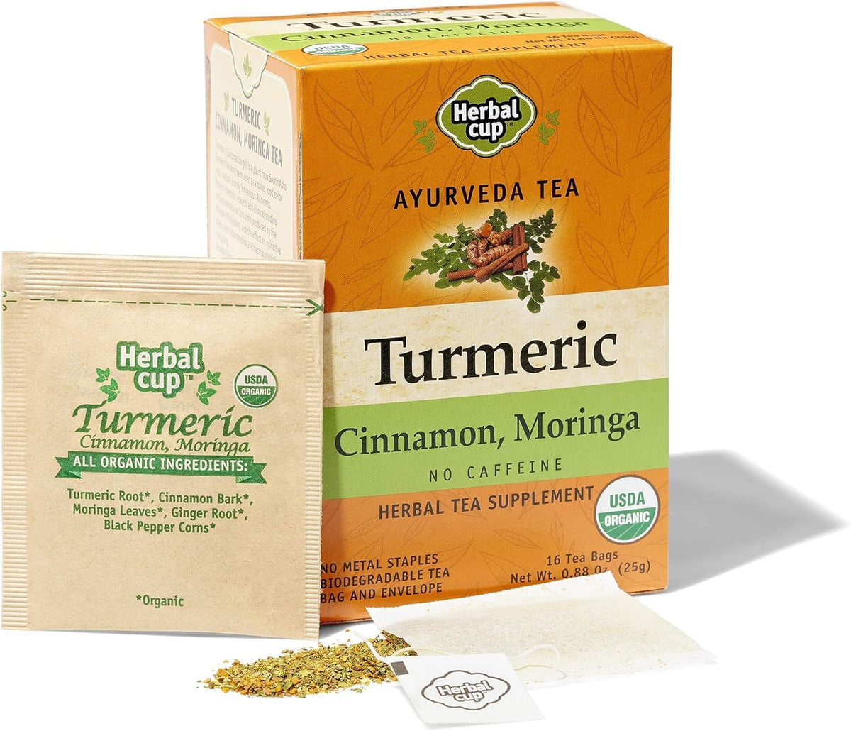 Herbal Cup Ayurveda turmeric tea packaging highlights organic blend for a calm ritual