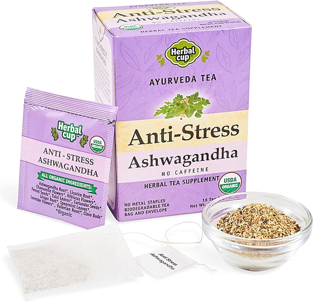 Herbal Cup packaging showcasing ayurveda Ashwagandha tea for easy anti-stress routine.