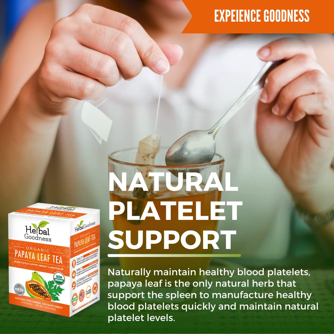 Herbal Goodness handpicked papaya leaf tea shows peak potency for a calm, caffeine-free cup.