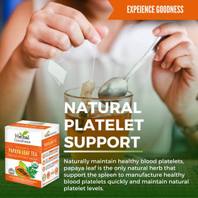 Herbal Goodness handpicked papaya leaf tea shows peak potency for a calm, caffeine-free cup.