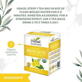 Herbal Goodness Mullein Tea packaging-label shows organic vegan credentials for trust