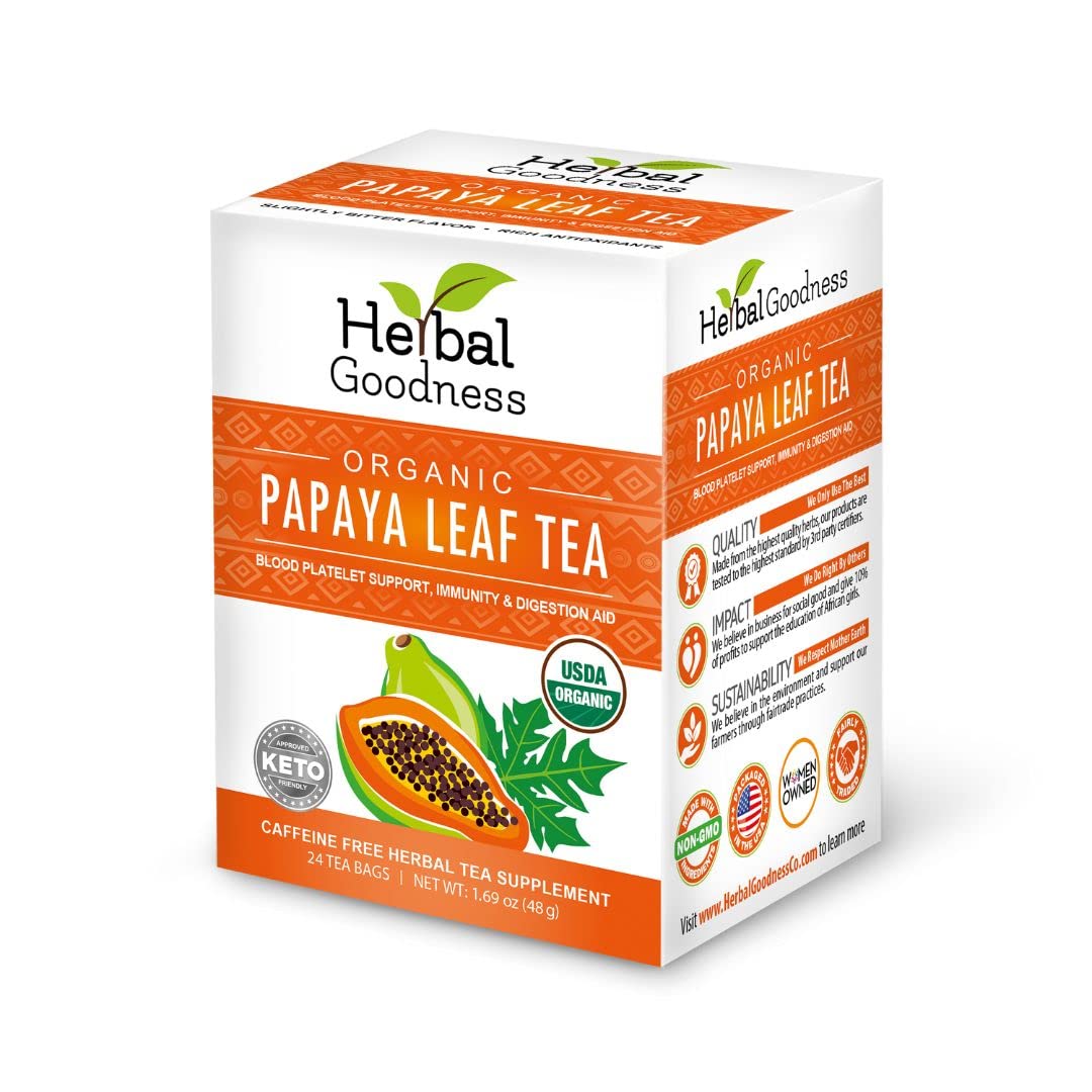 Herbal Goodness papaya leaf tea bag packaging; organic quality for a trusted daily ritual.