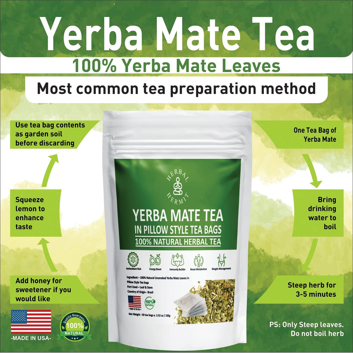 Made in USA Herbal Hermit Yerba Mate tea for a balanced, energizing cup.