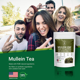 Herbal Hermit mullein leaf tea brew pour highlights easy preparation.