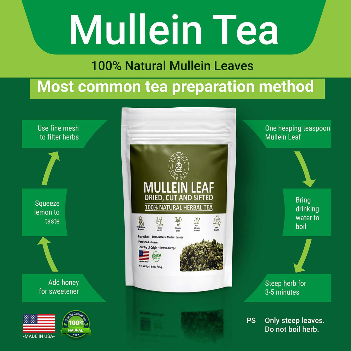Herbal Hermit mullein leaf tea cup steeped with soothing aroma.