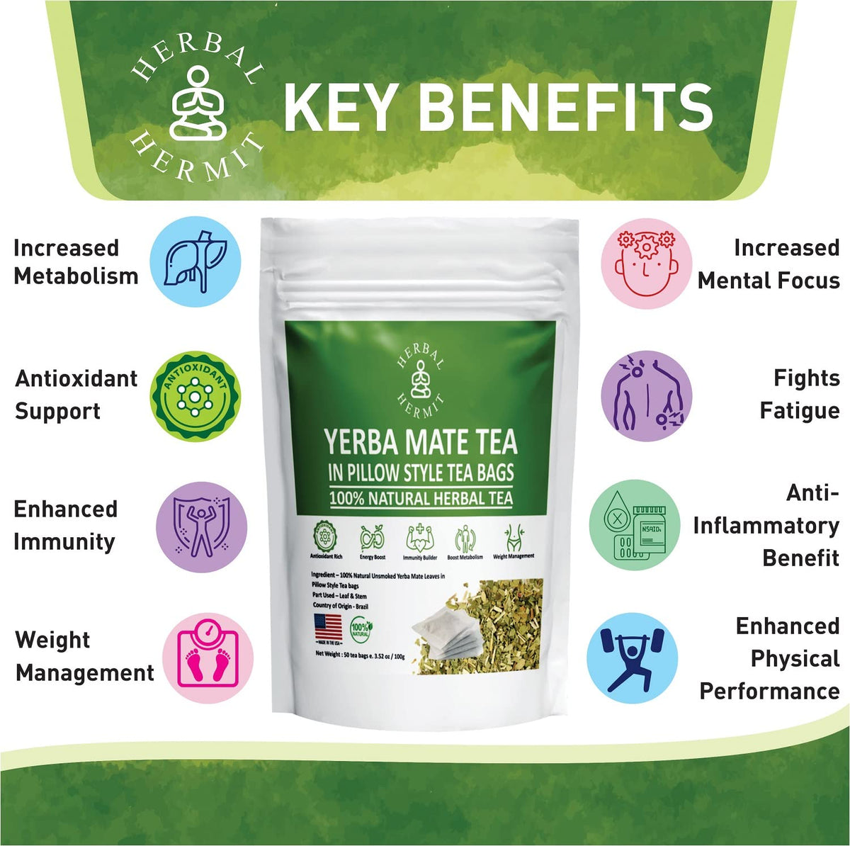 Herbal Hermit Yerba Mate with chlorophyll-rich leaves and antioxidants.