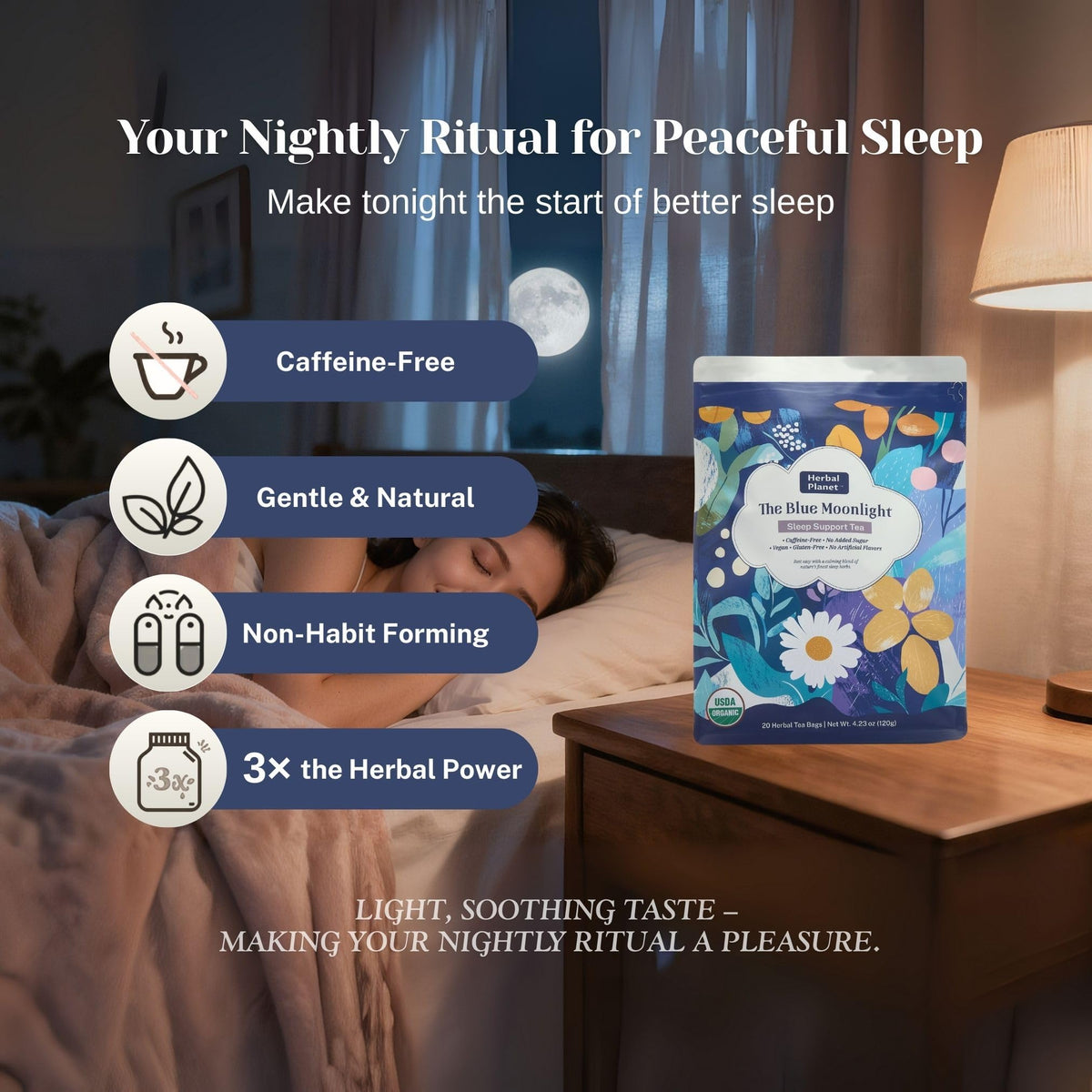 Herbal Planet Sleep Tea with visible whole herbs signals natural ingredients.
