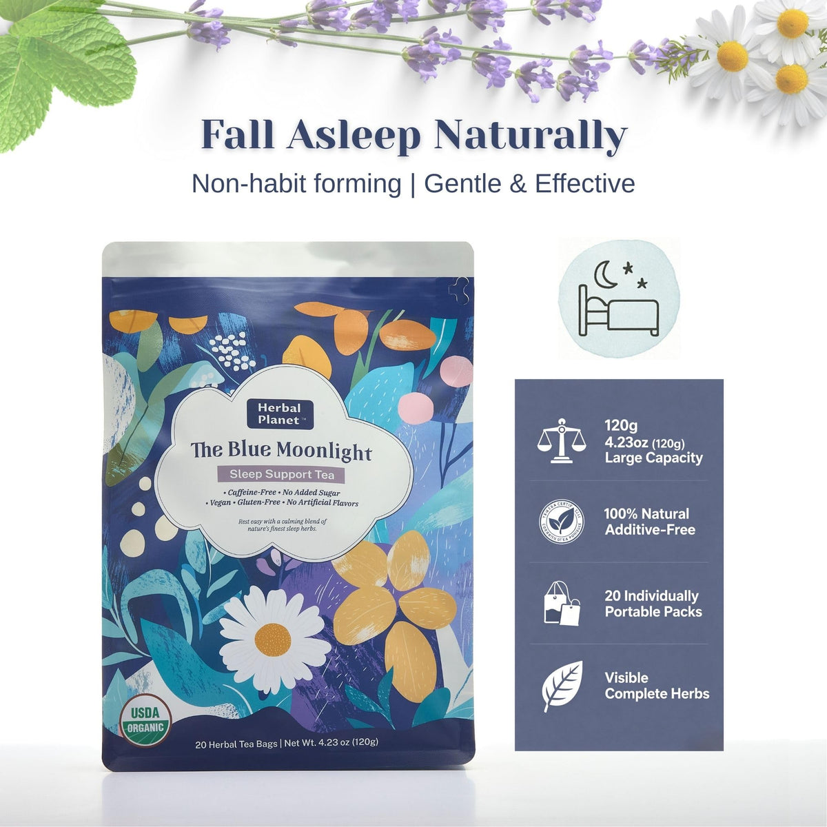 Herbal Planet Sleep Tea cup-steeping captures calming flavors for unwinding.